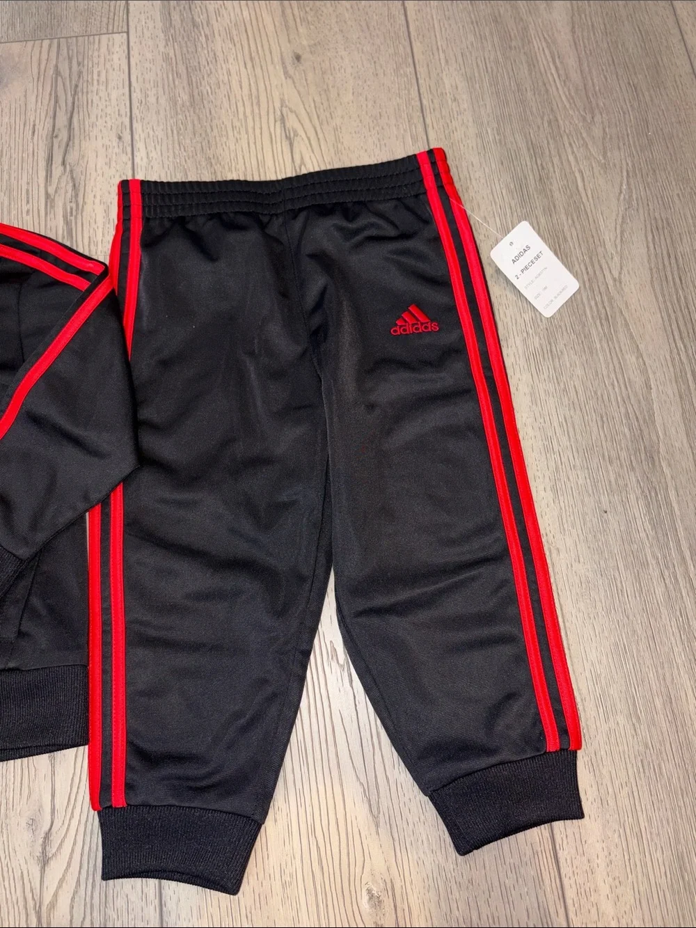 adidas Black Kids Track Jacket and Pants with Red Stripes